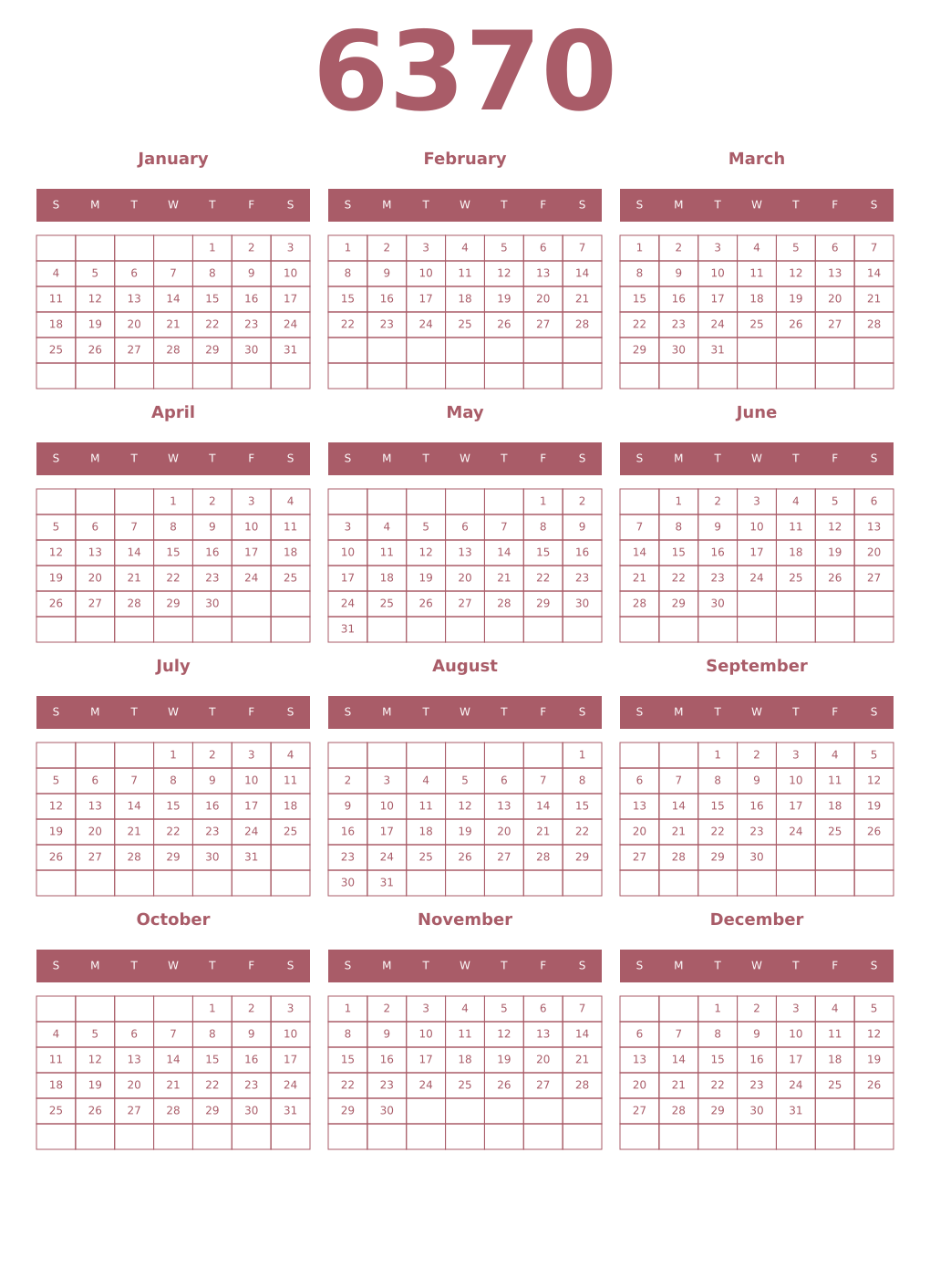 Printable 6370 Year Calendars puce