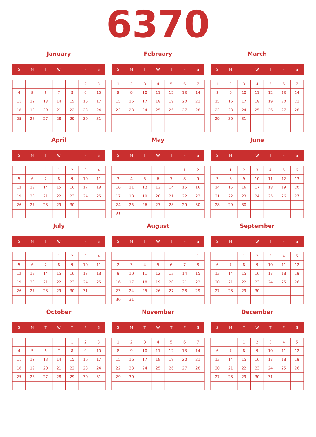 Printable 6370 Year Calendars red