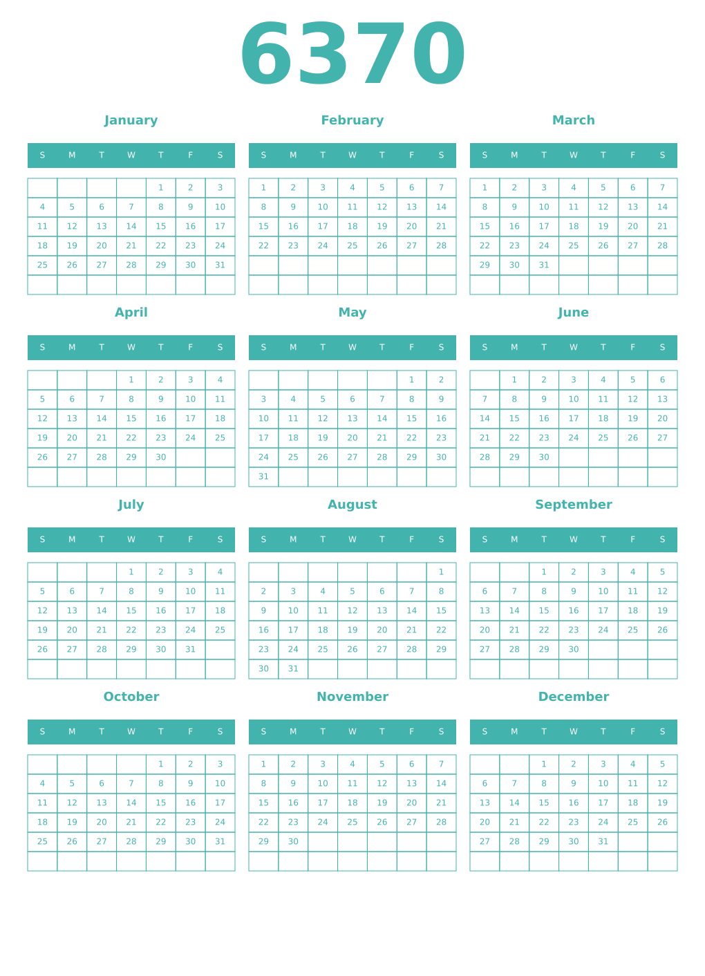 Printable 6370 Year Calendars verdigris