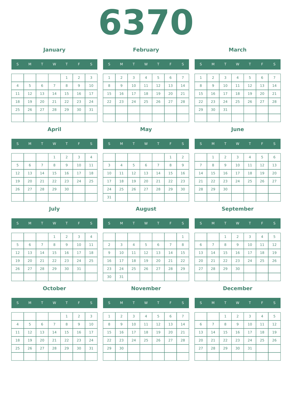 Printable 6370 Year Calendars viridian
