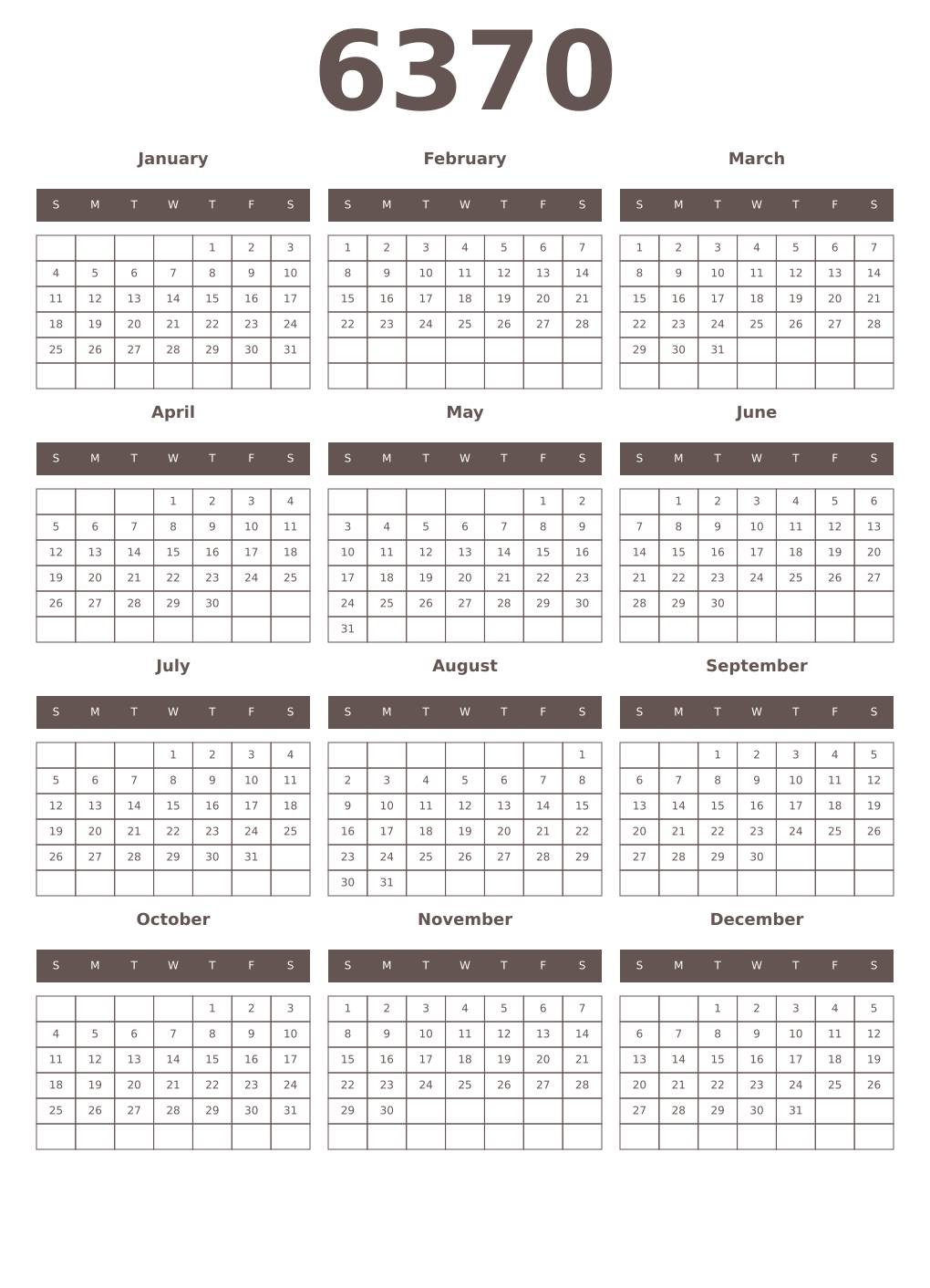 Printable 6370 Year Calendars wenge