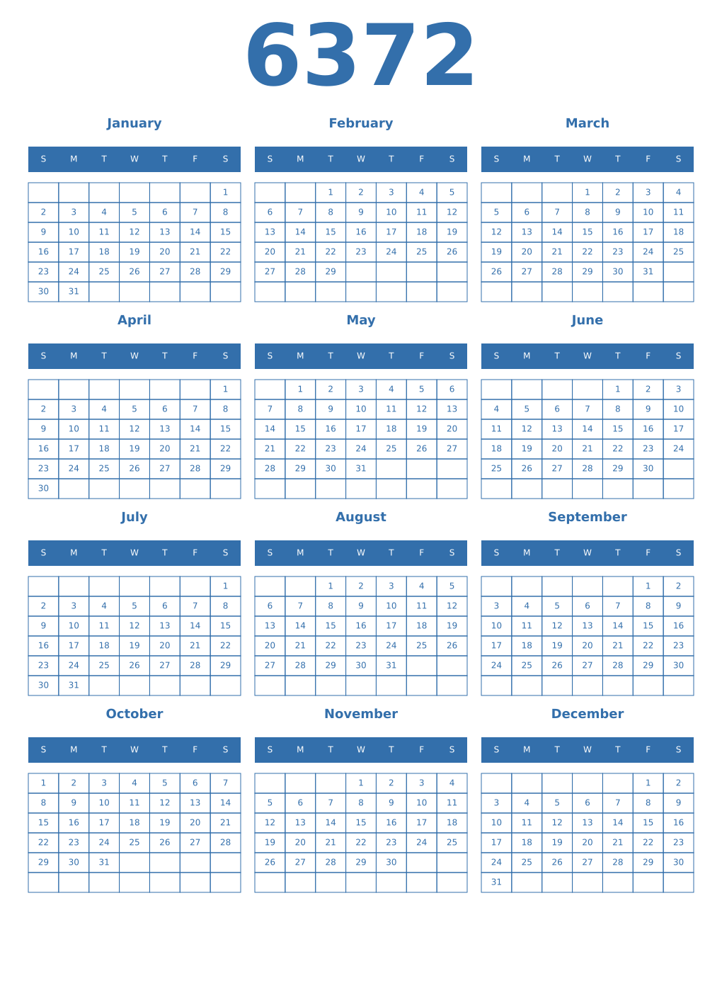 Printable 6372 Year Calendars blue