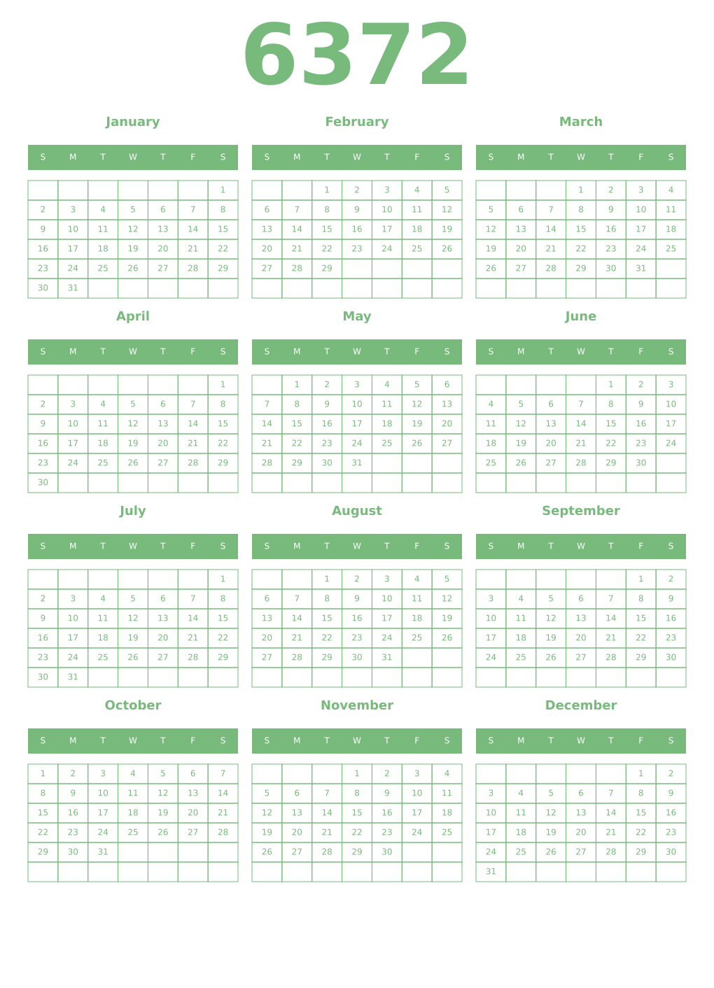 Printable 6372 Year Calendars celadon
