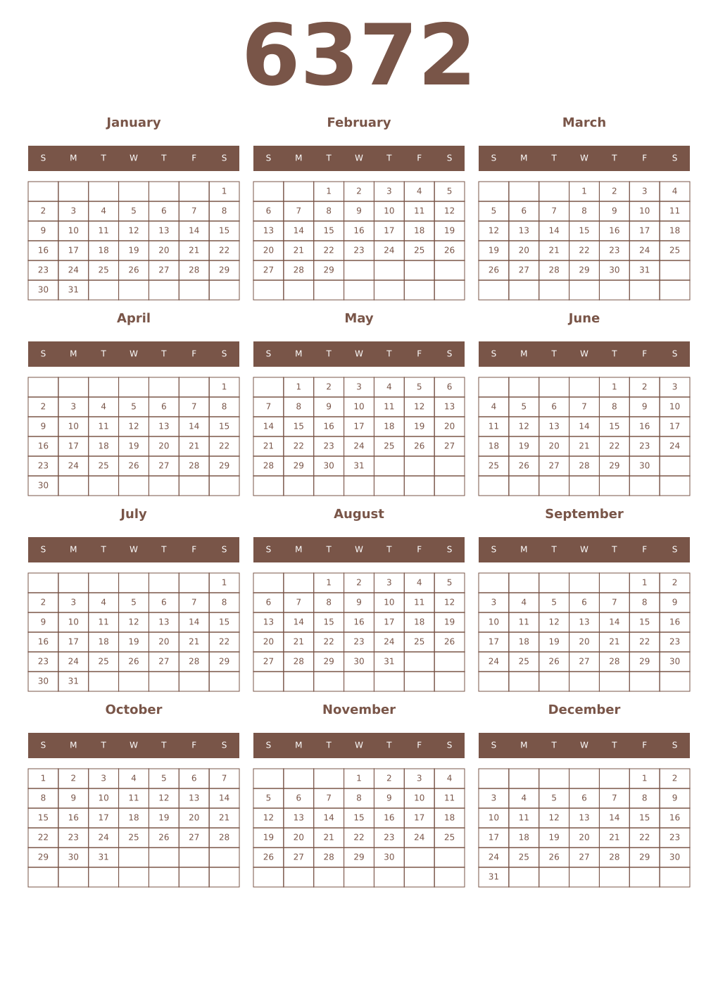 Printable 6372 Year Calendars coffe