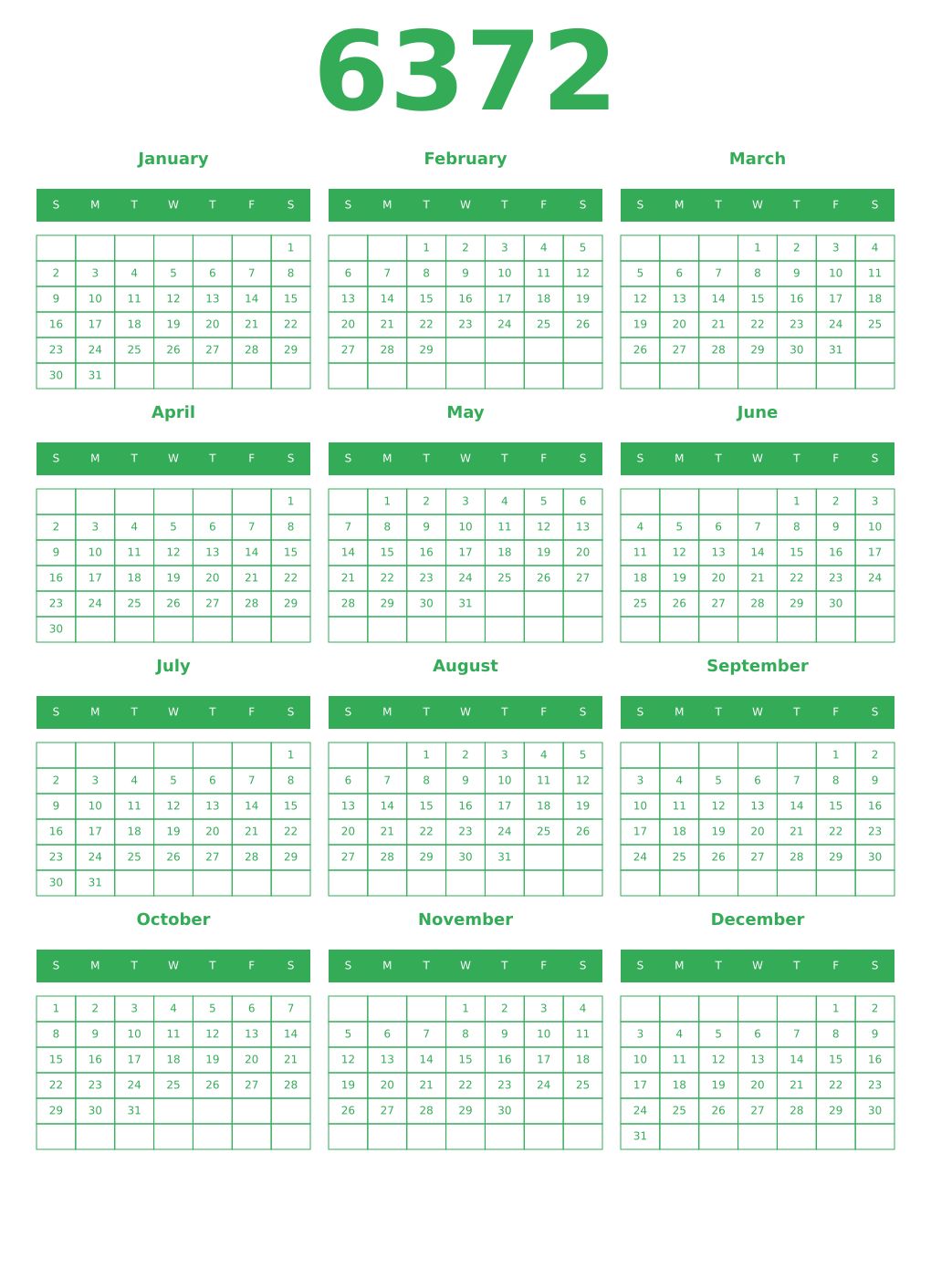 Printable 6372 Year Calendars green