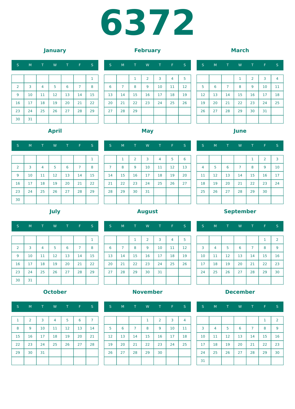 Printable 6372 Year Calendars pastel