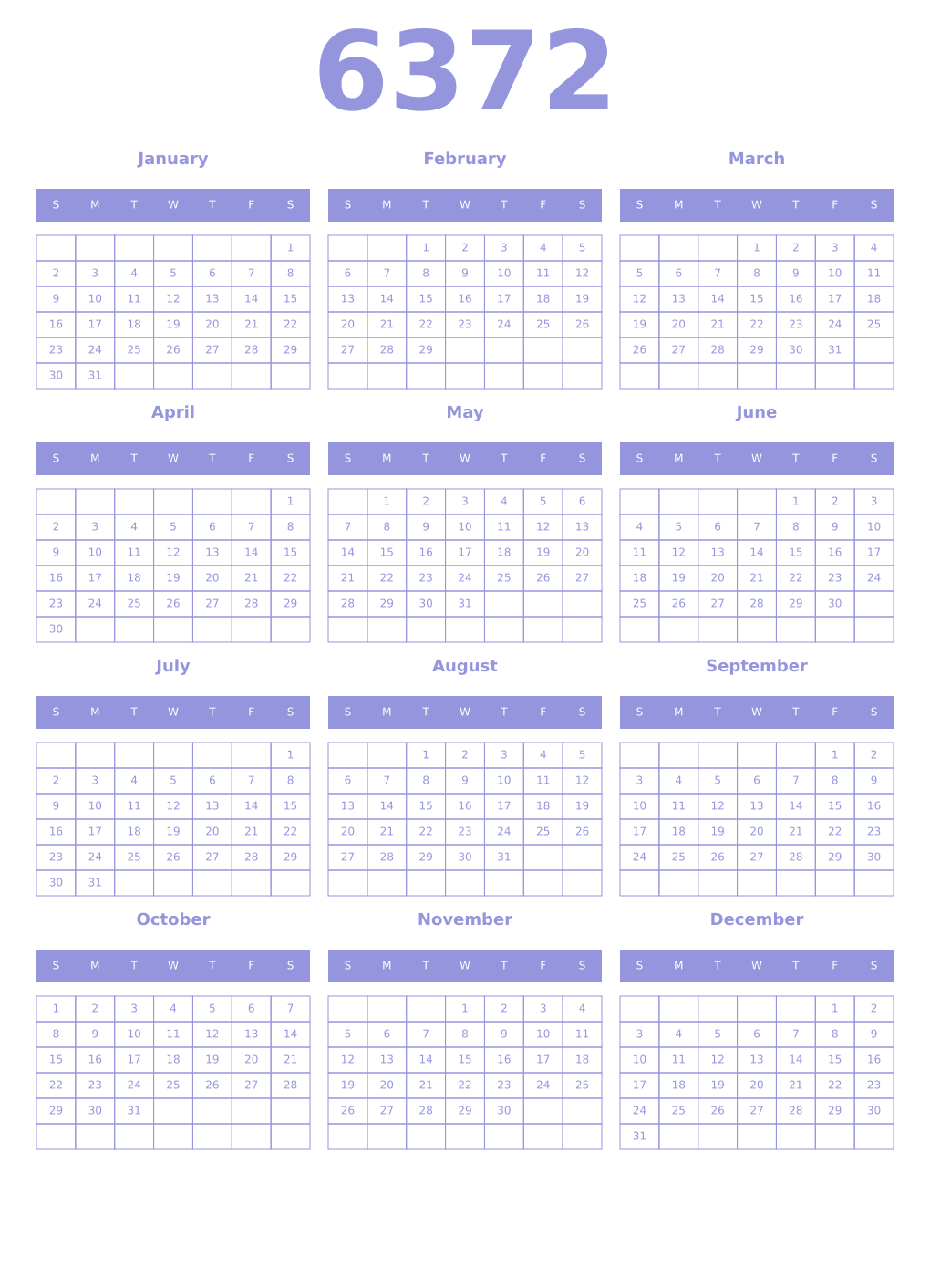 Printable 6372 Year Calendars periwinkle