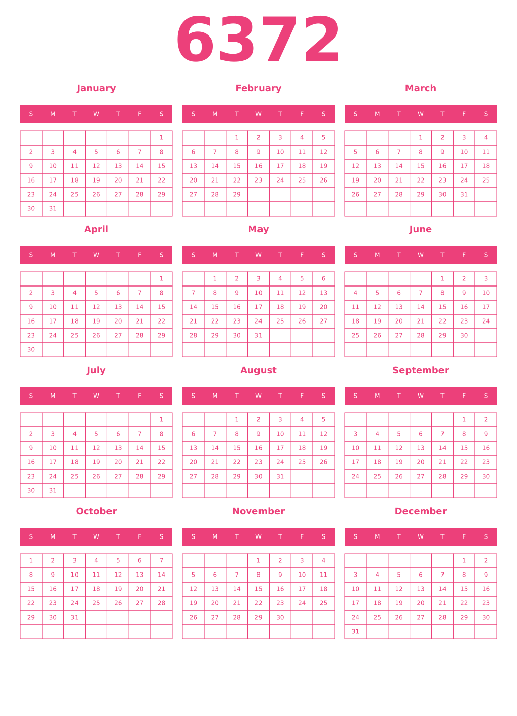 Printable 6372 Year Calendars pink