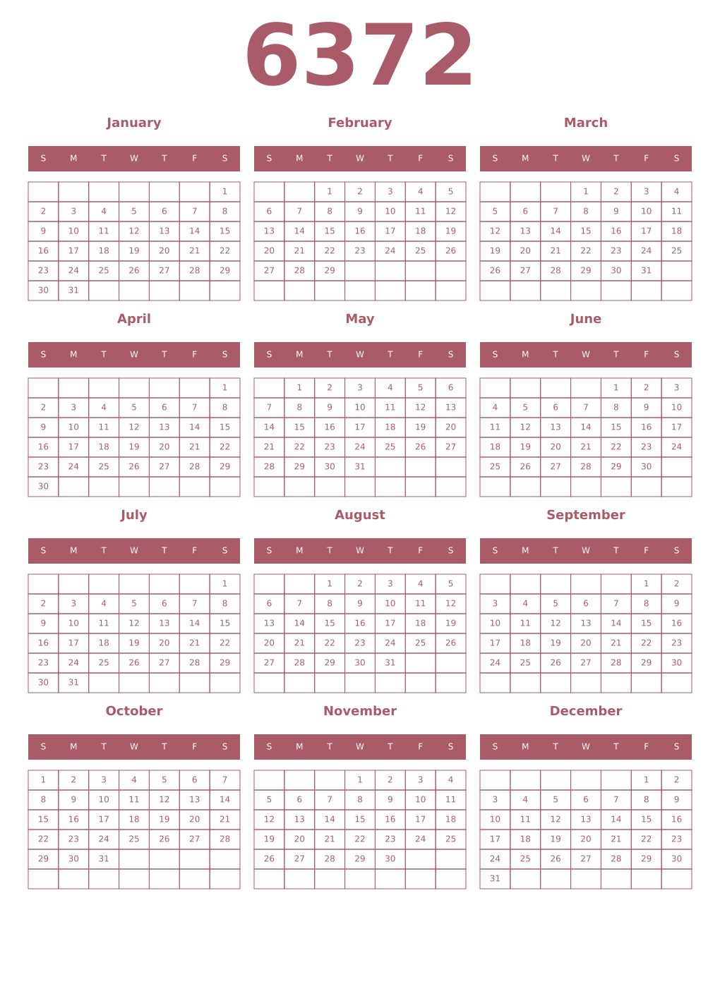 Printable 6372 Year Calendars puce
