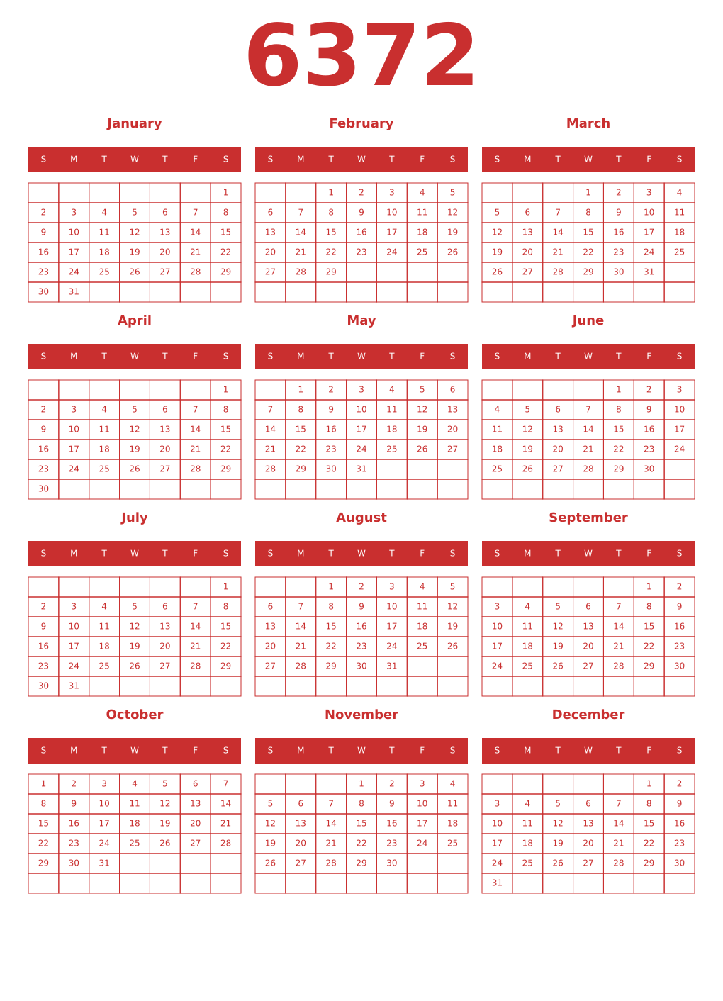Printable 6372 Year Calendars red