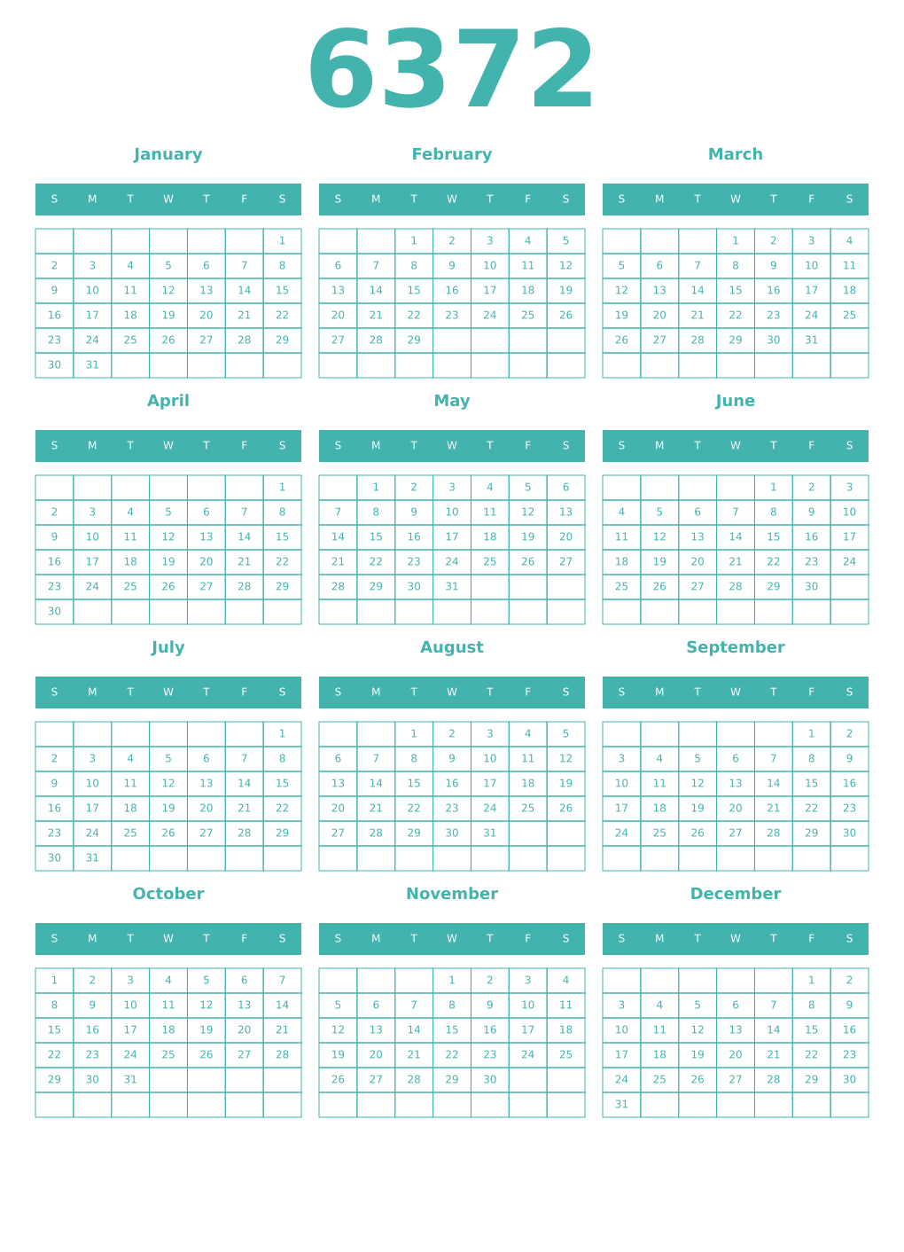 Printable 6372 Year Calendars verdigris