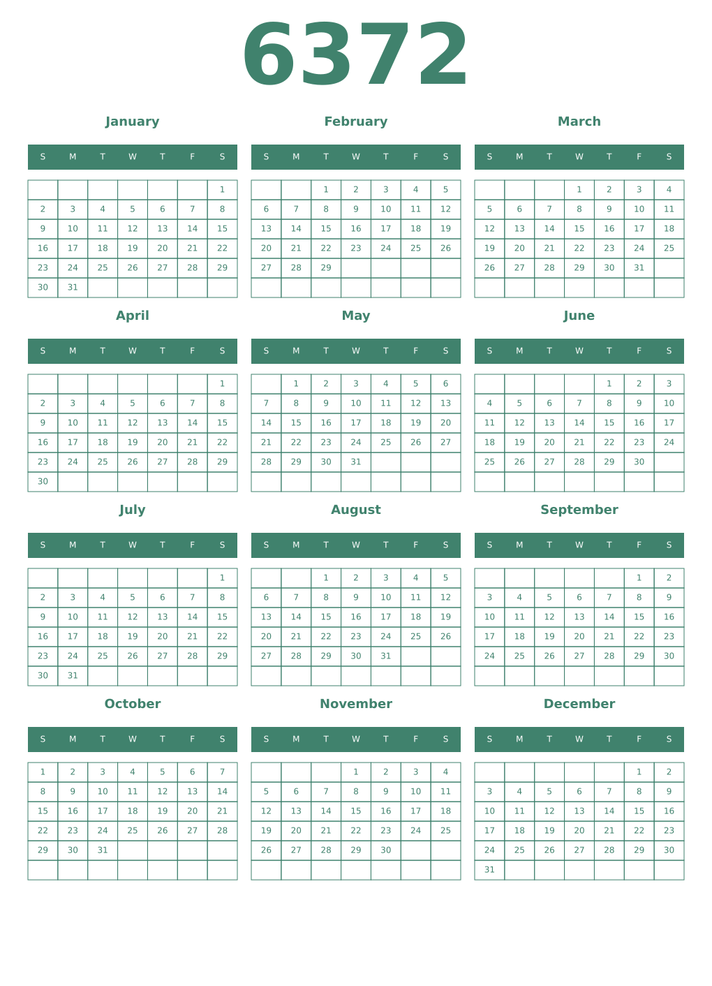 Printable 6372 Year Calendars viridian