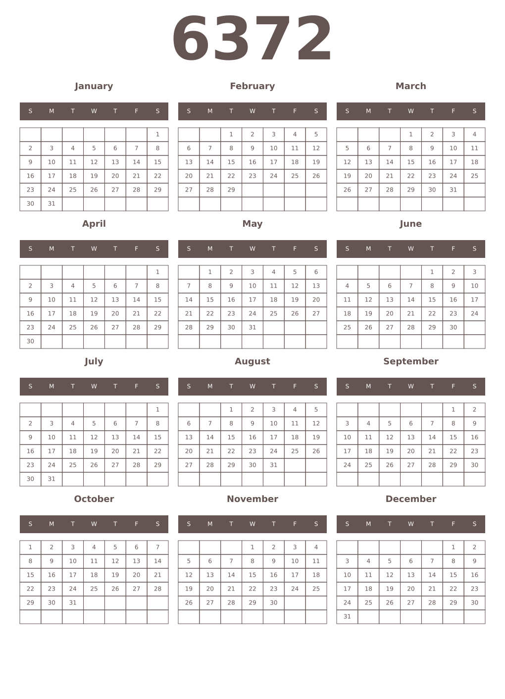 Printable 6372 Year Calendars wenge