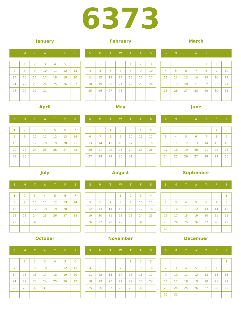 Printable 6373 Year Calendars chartreuse