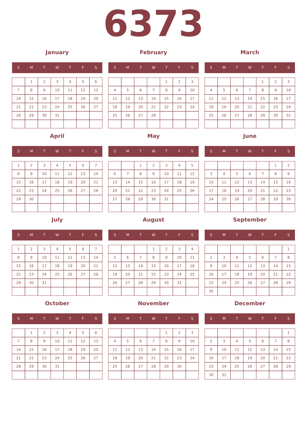 Printable 6373 Year Calendars cordovan