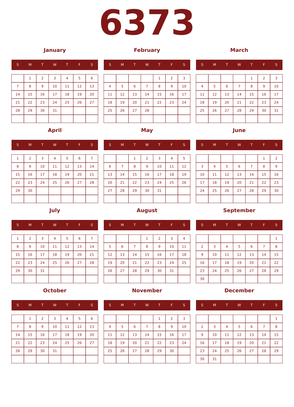 Printable 6373 Year Calendars falu