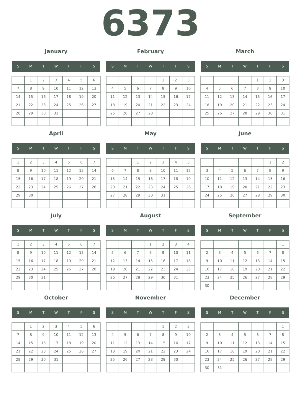 Printable 6373 Year Calendars feldgrau