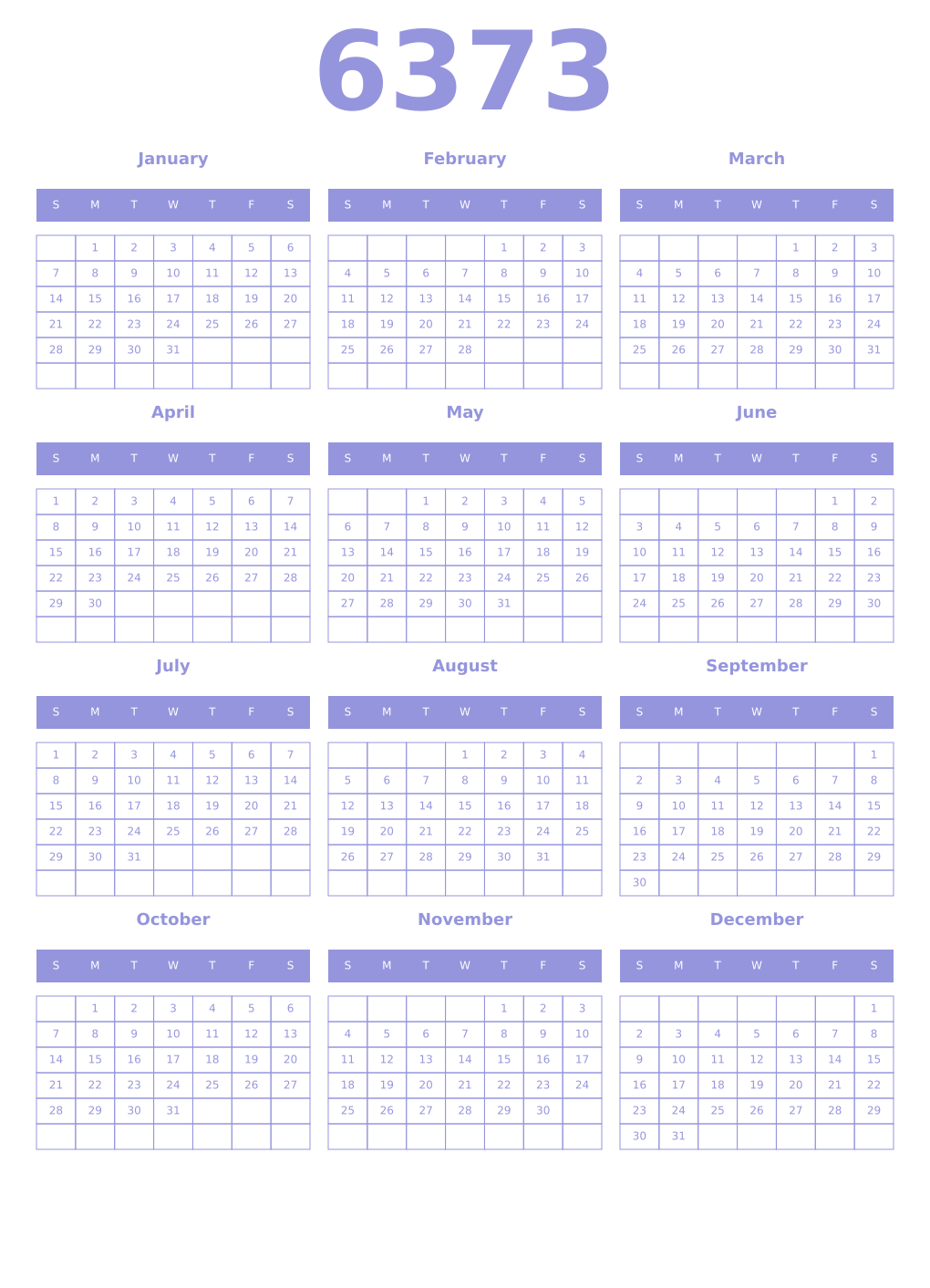 Printable 6373 Year Calendars periwinkle