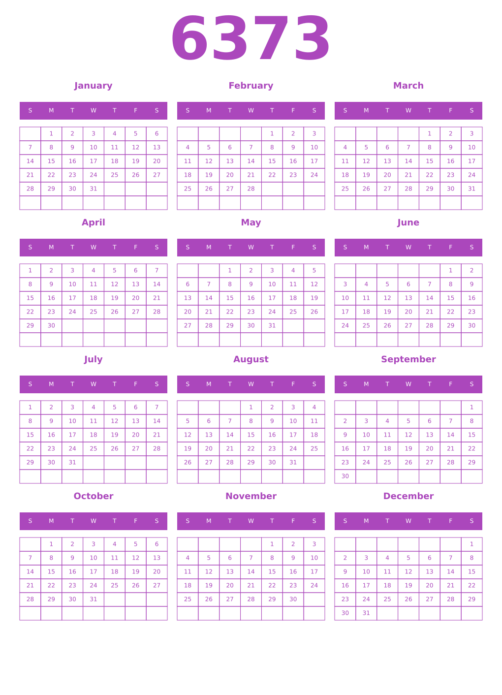 Printable 6373 Year Calendars purple