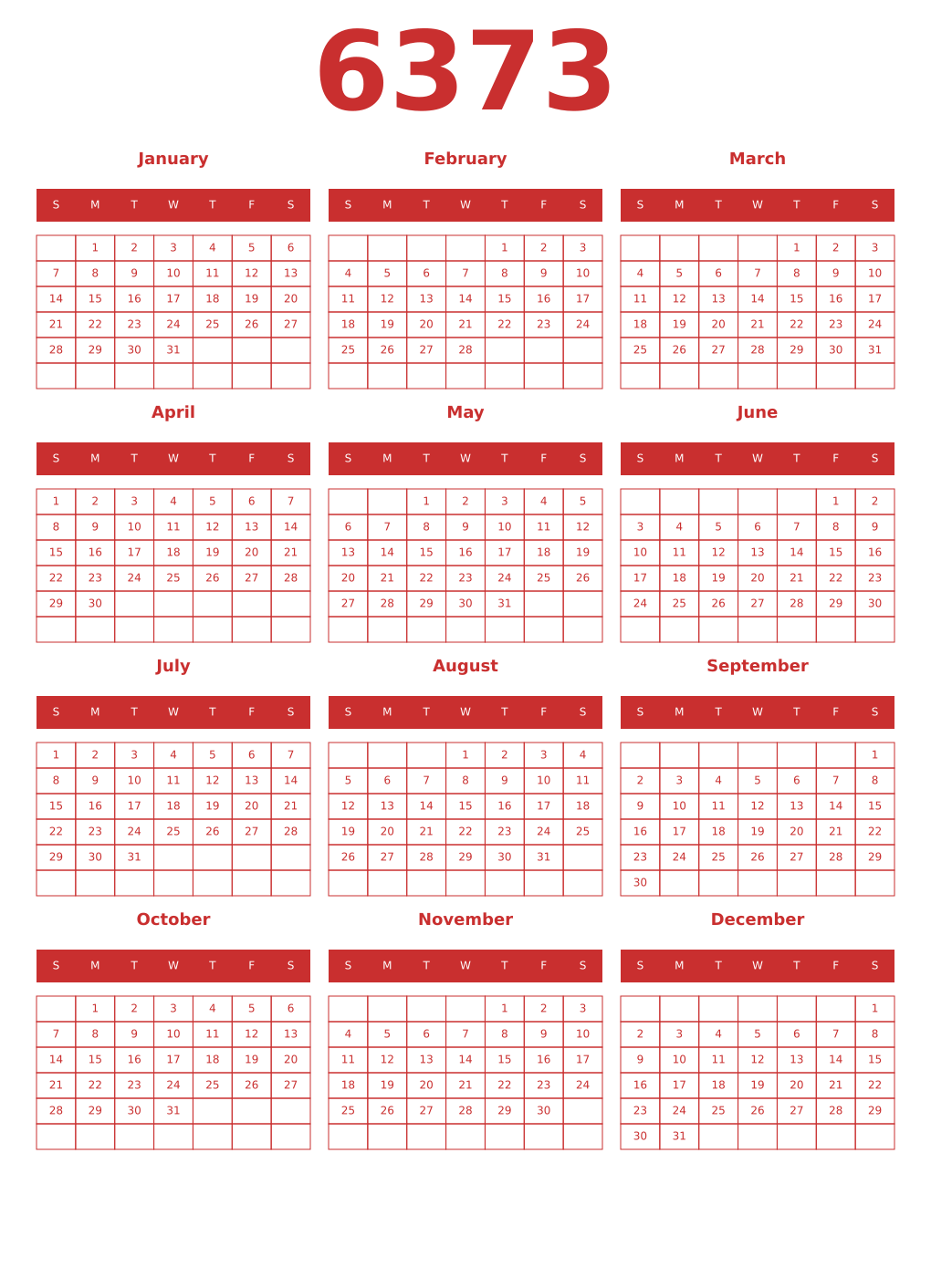 Printable 6373 Year Calendars red