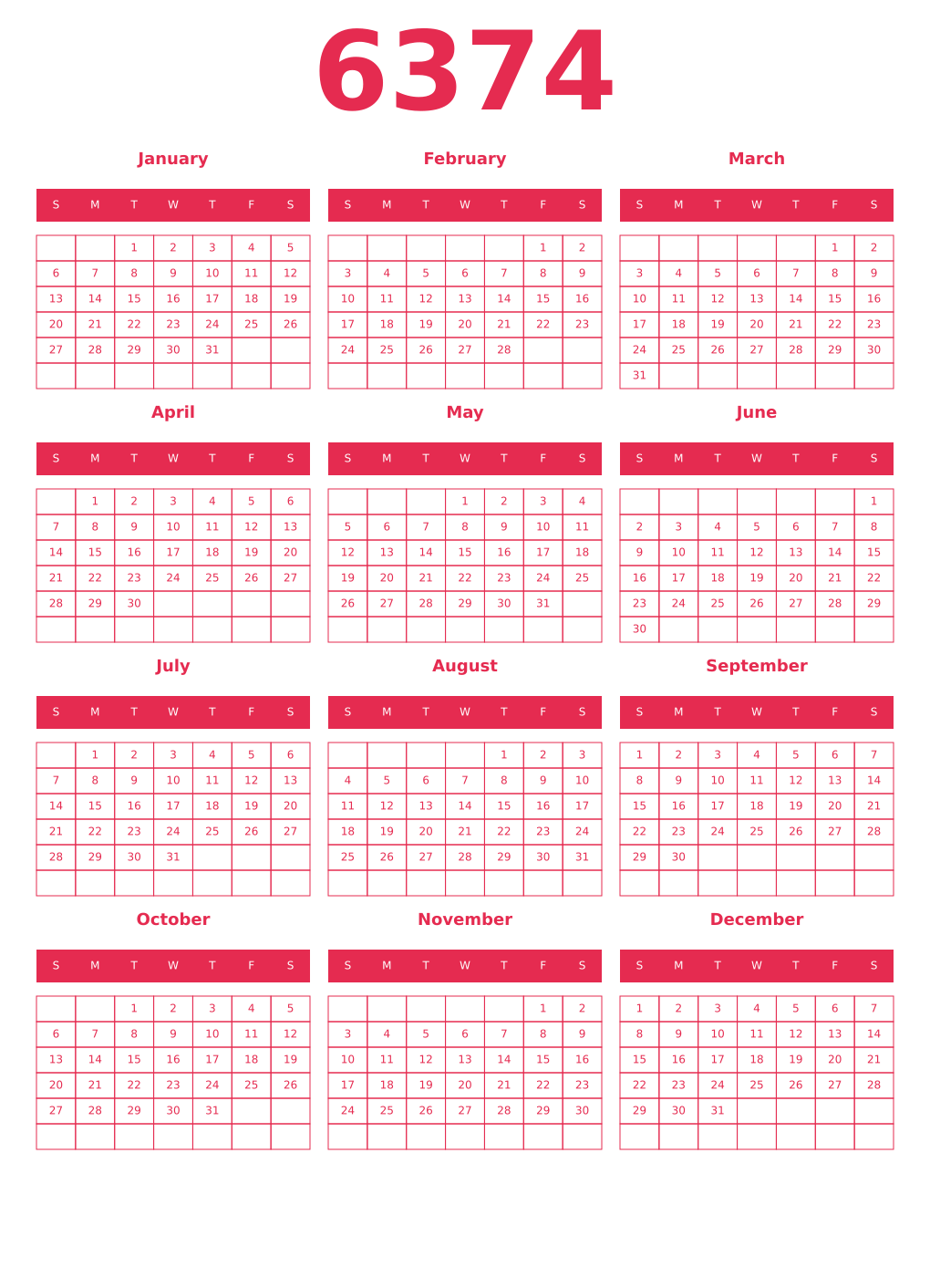 Printable 6374 Year Calendars amaranth