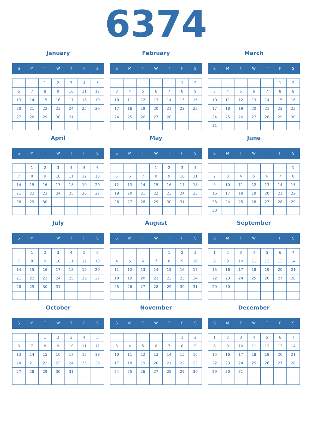 Printable 6374 Year Calendars blue