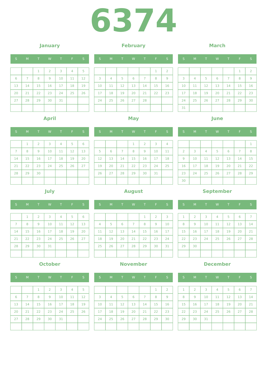 Printable 6374 Year Calendars celadon