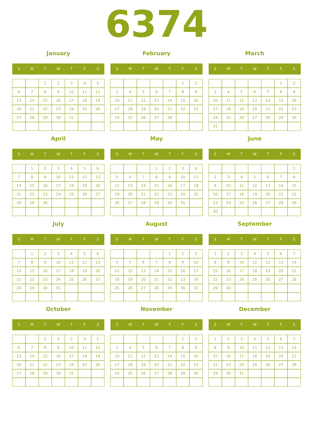 Printable 6374 Year Calendars chartreuse