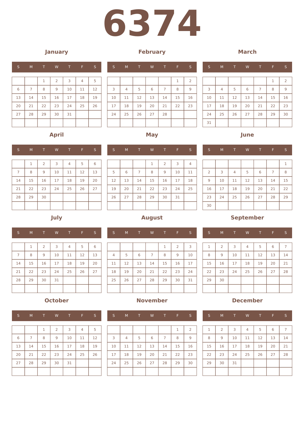 Printable 6374 Year Calendars coffe