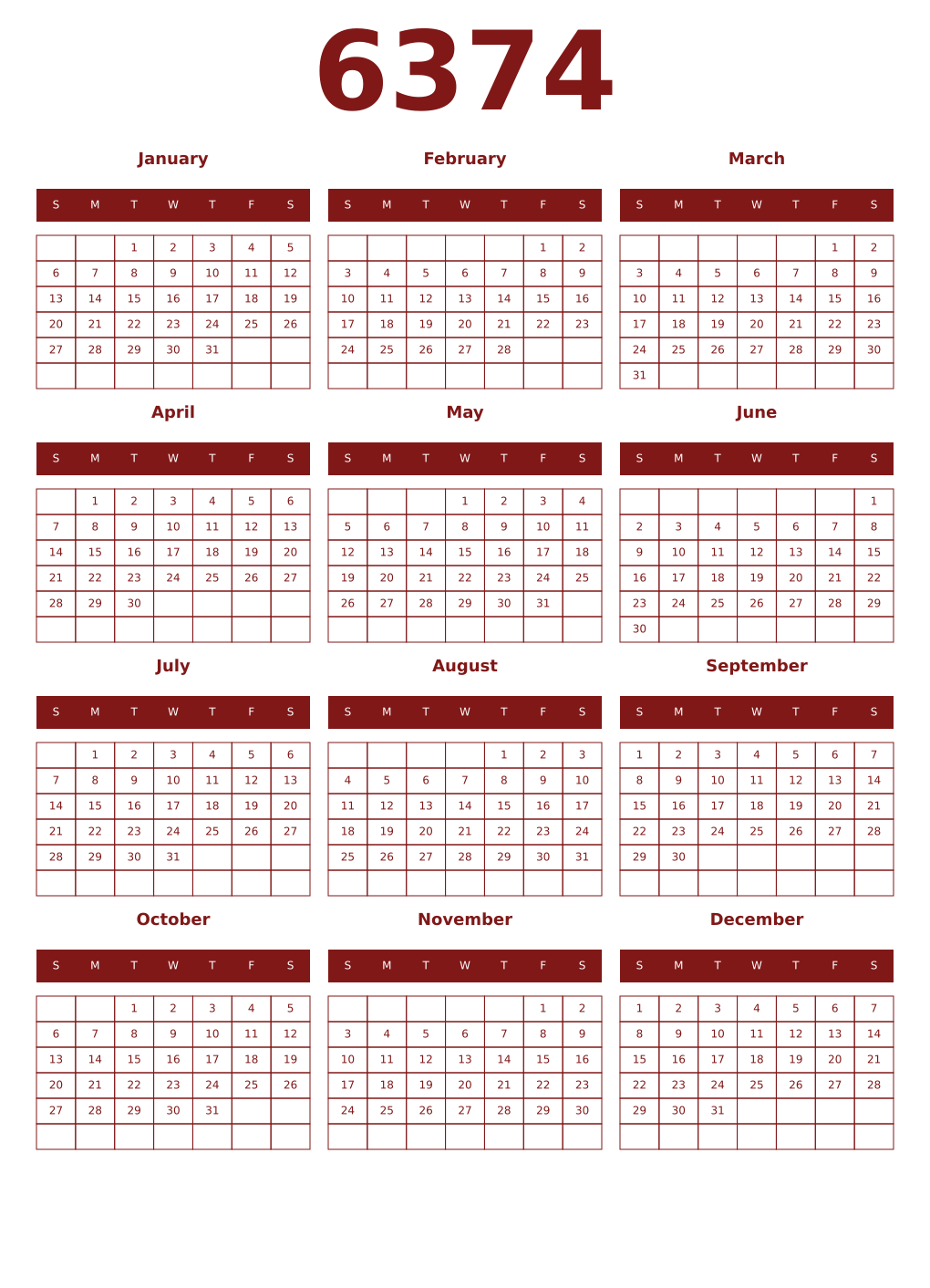 Printable 6374 Year Calendars falu