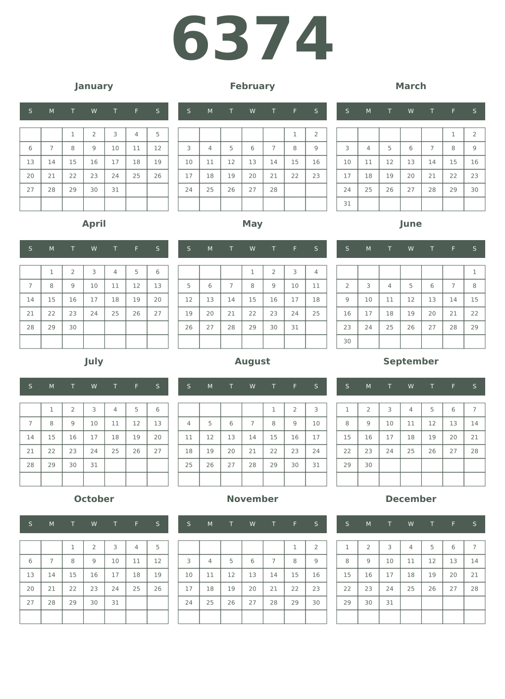 Printable 6374 Year Calendars feldgrau