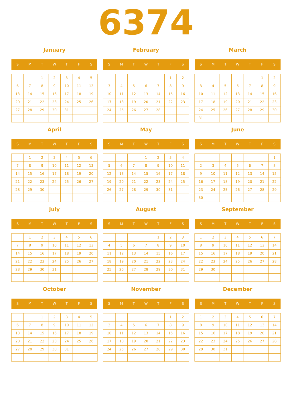 Printable 6374 Year Calendars gamboge