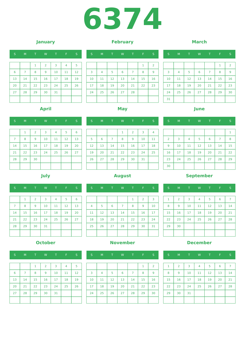 Printable 6374 Year Calendars green