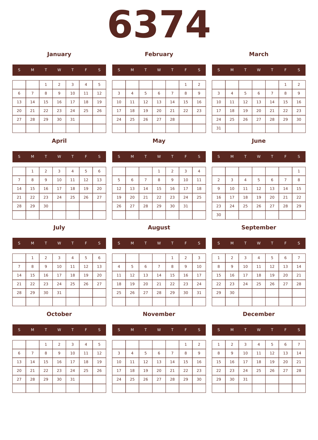 Printable 6374 Year Calendars mortuum