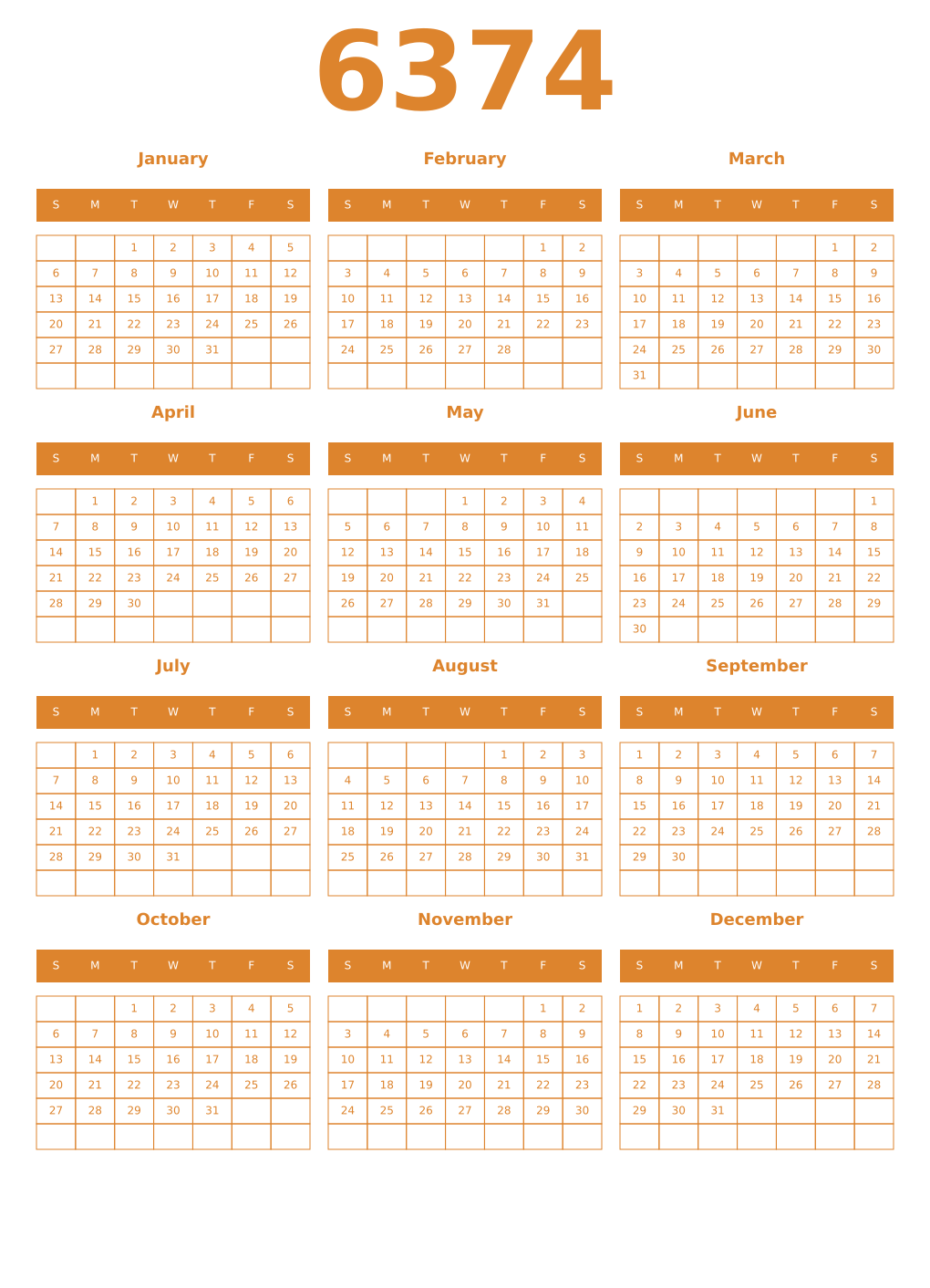 Printable 6374 Year Calendars orange