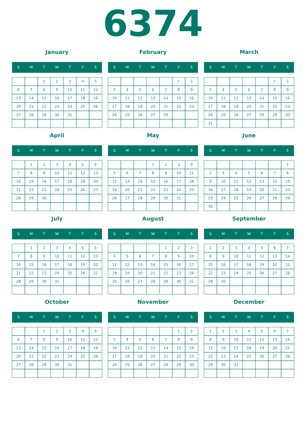 Printable 6374 Year Calendars pastel