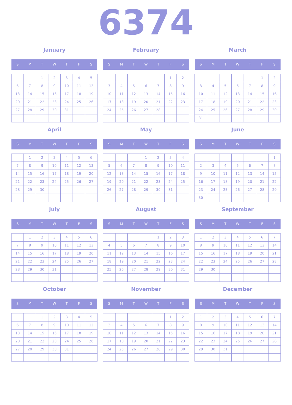 Printable 6374 Year Calendars periwinkle