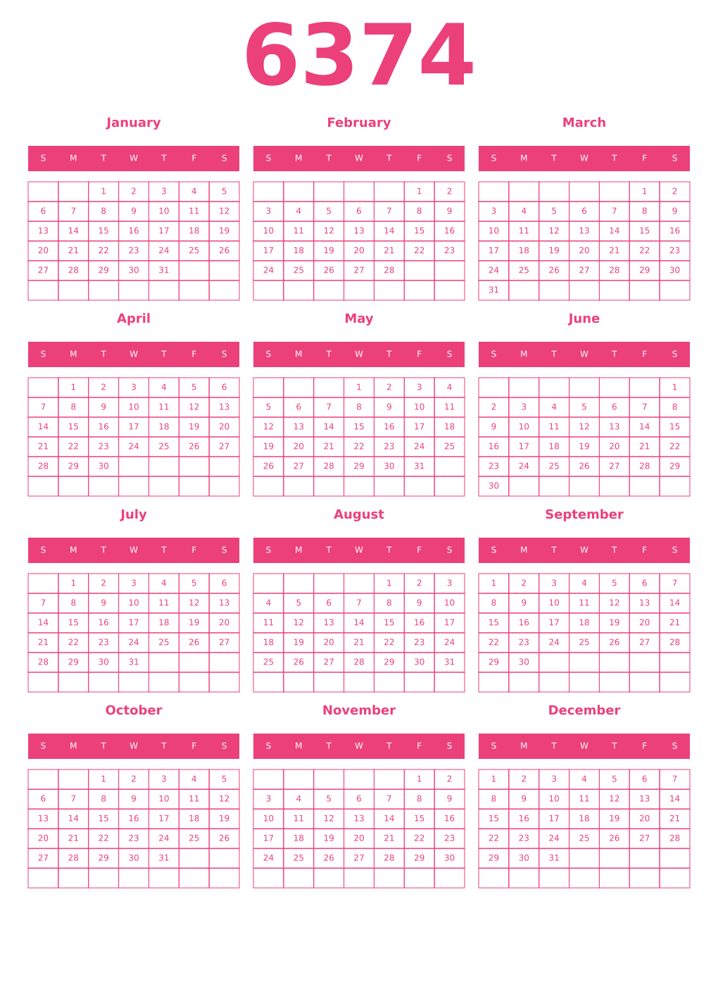 Printable 6374 Year Calendars pink