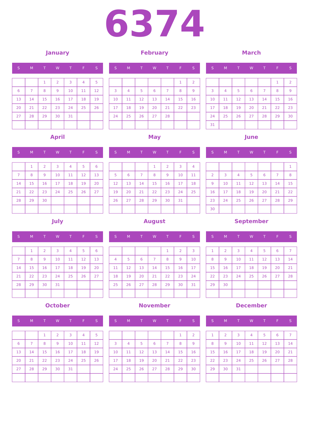 Printable 6374 Year Calendars purple