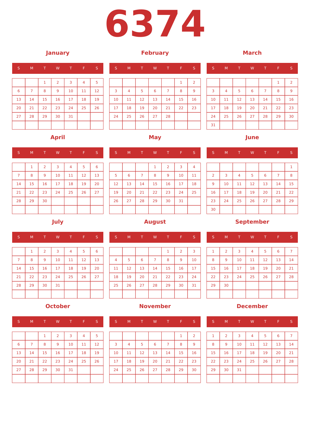 Printable 6374 Year Calendars red
