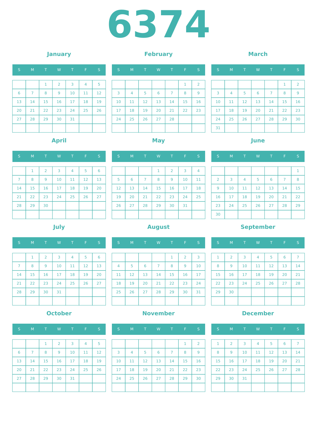 Printable 6374 Year Calendars verdigris