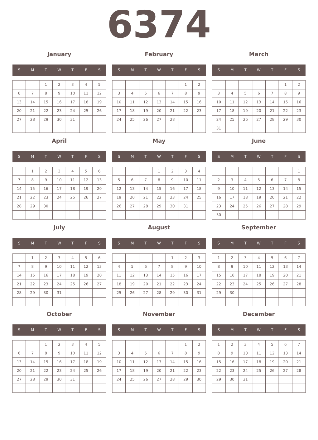 Printable 6374 Year Calendars wenge