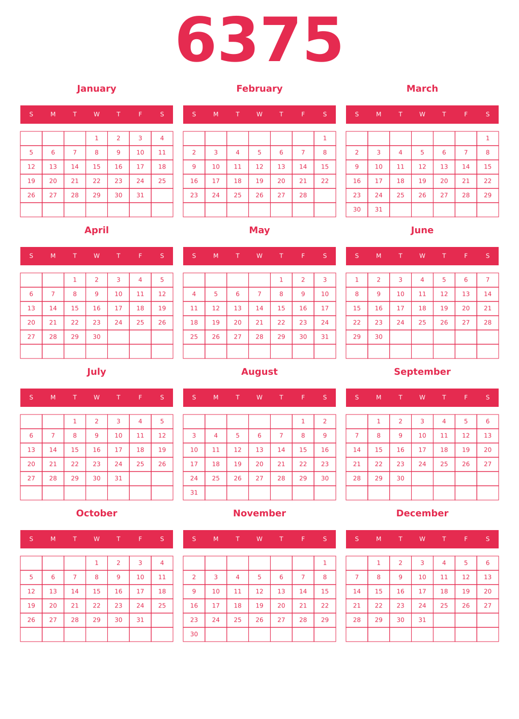 Printable 6375 Year Calendars amaranth