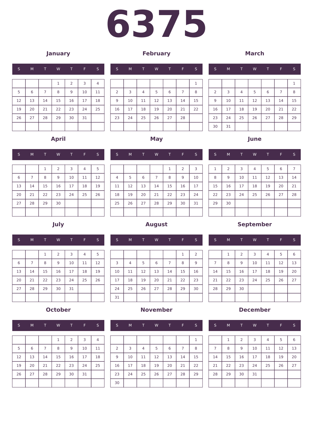 Printable 6375 Year Calendars aubergine