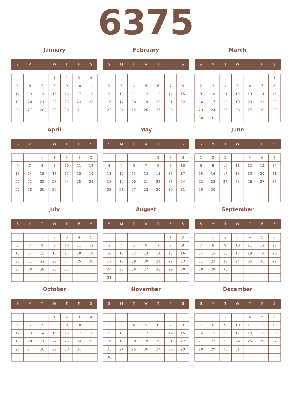 Printable 6375 Year Calendars coffe