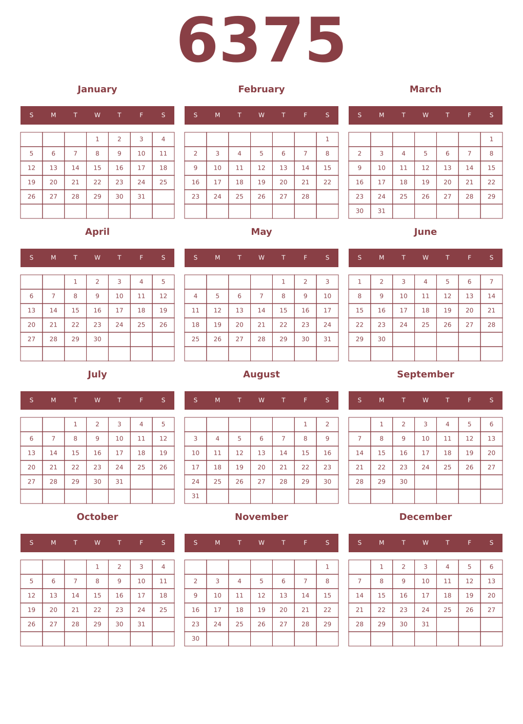 Printable 6375 Year Calendars cordovan