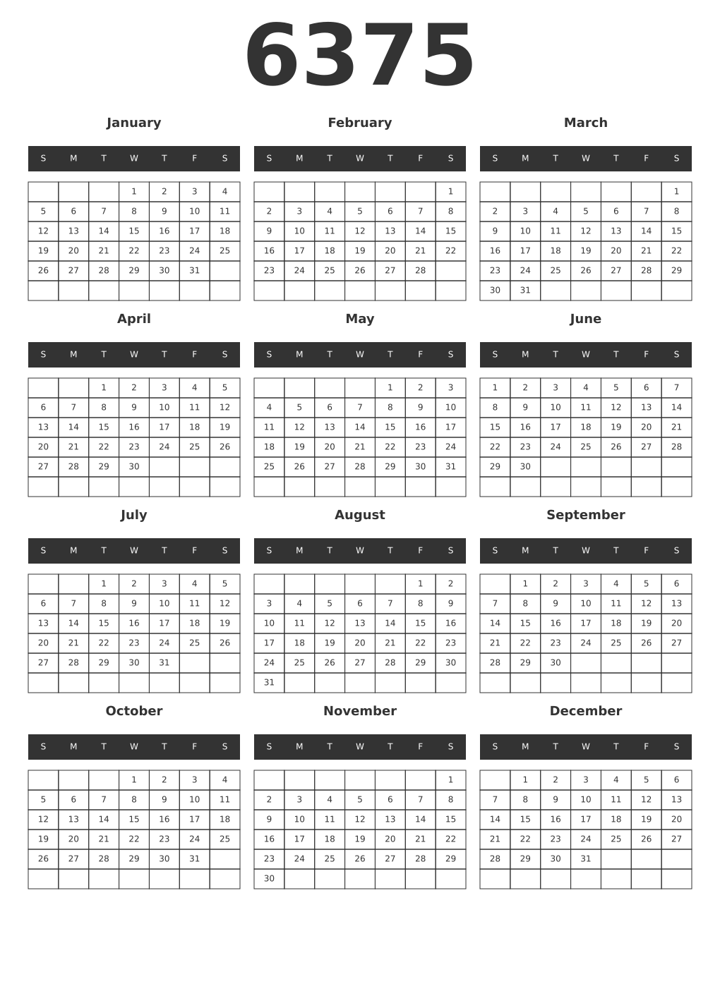 Printable 6375 Year Calendars dark