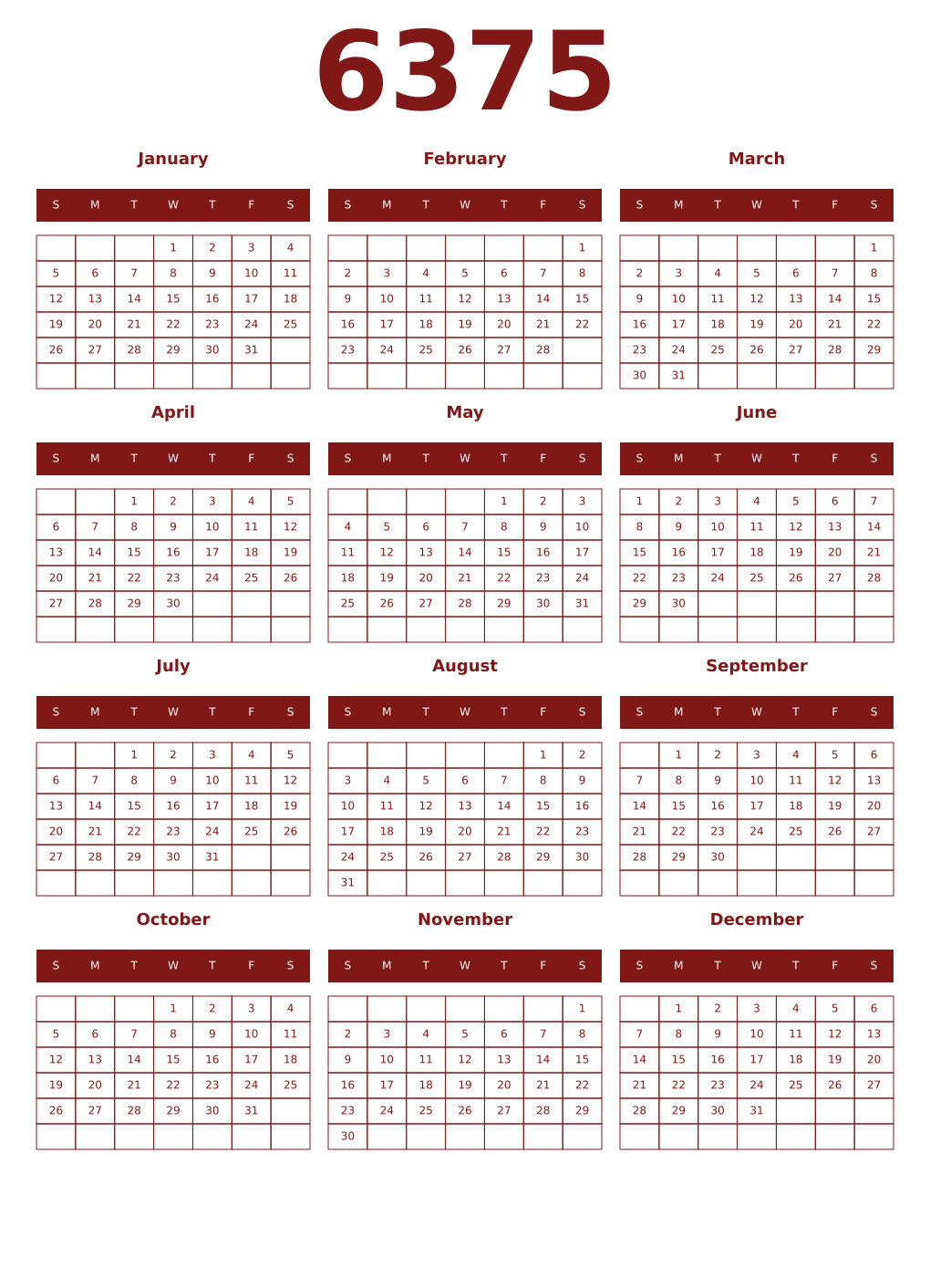 Printable 6375 Year Calendars falu