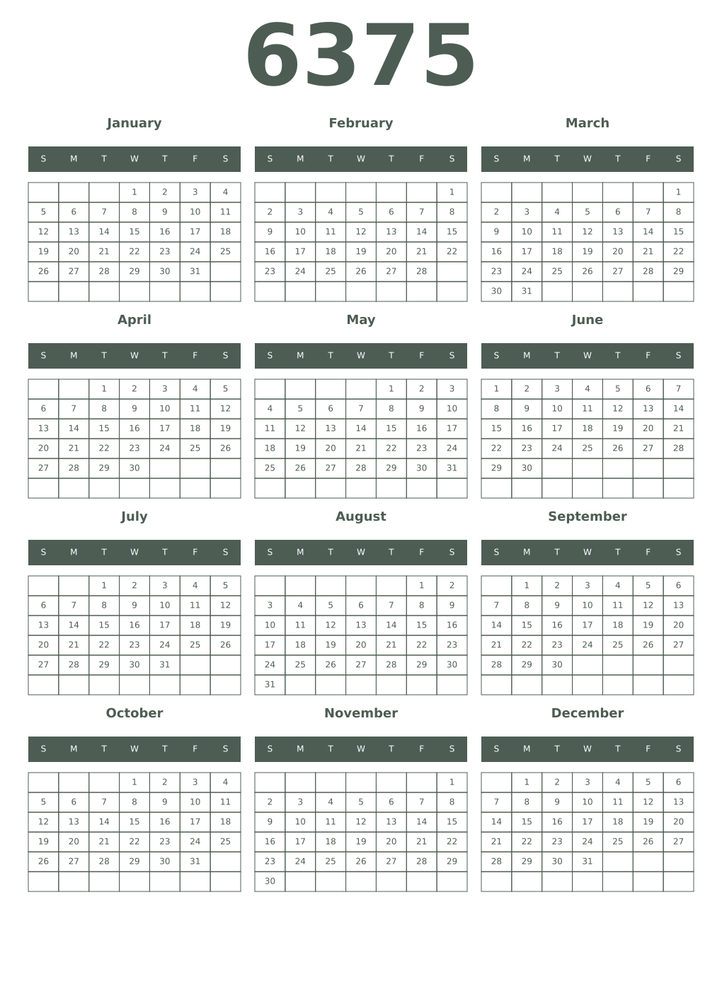 Printable 6375 Year Calendars feldgrau