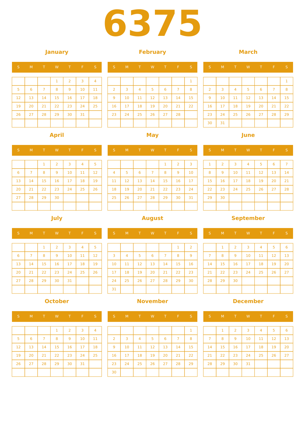 Printable 6375 Year Calendars gamboge